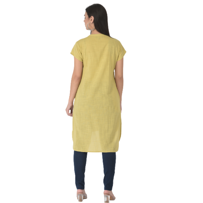 Yellow Mandarin Collar Shirt Style Longline Top