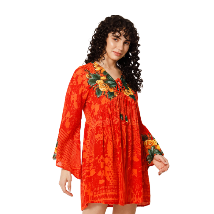 Orange Floral Print Longline Dress