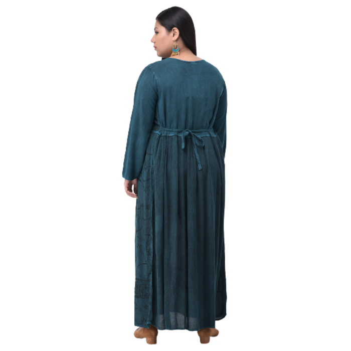 Women Teal Embroidered Round Neck Maxi Dress