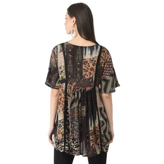 Print Tie-Up Neck A-Line Top