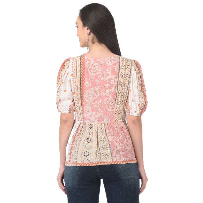 Floral Printed Pleated Puff Sleeves Empire Top