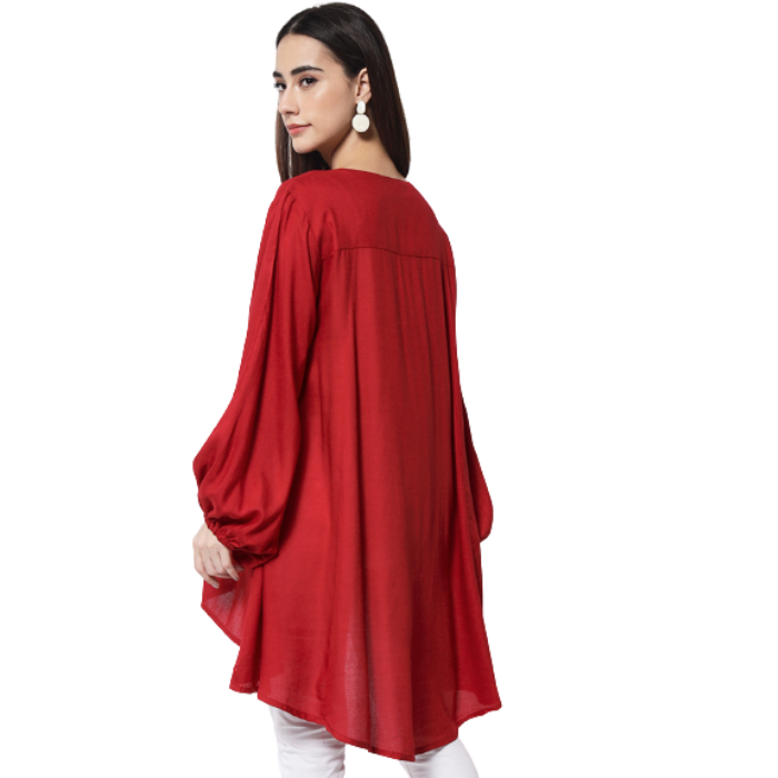 Women Red High-Low Longline Top