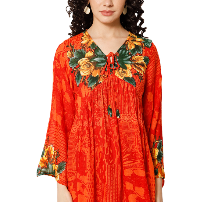 Orange Floral Print Longline Dress