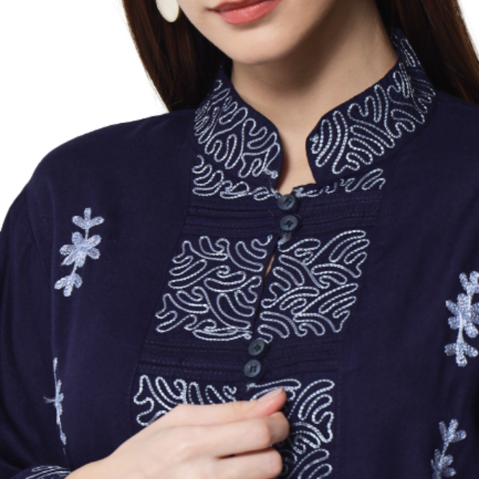 Navy Blue Print Mandarin Collar Shirt Style Longline Top