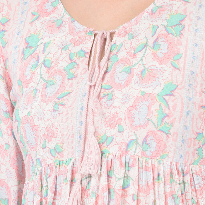 White & Pink Floral Print Tie-Up Neck Empire Longline Top