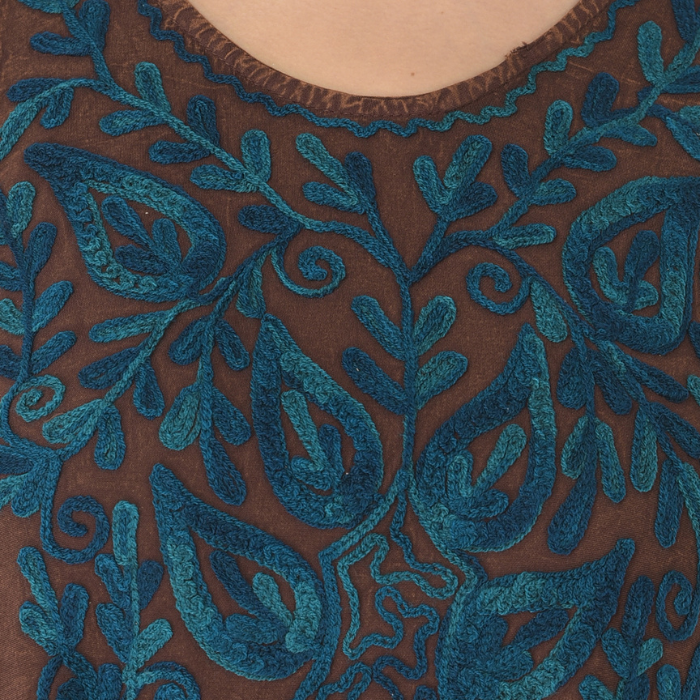 Brown Floral Embroidered A-Line Rayon Dress