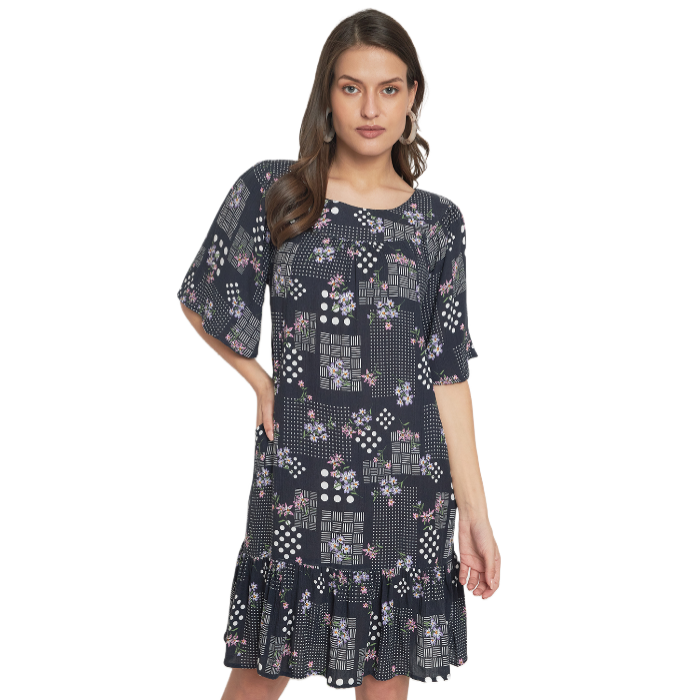 Floral Printed Flared Sleeve A-Line Dress