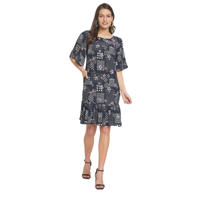 Floral Printed Flared Sleeve A-Line Dress