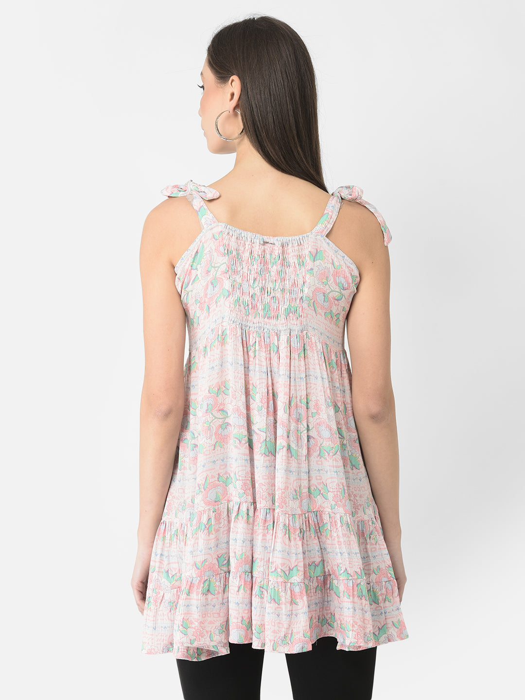 Floral Printed Keyhole Neck Shoulder Straps Pleated Tiered A-Line Top