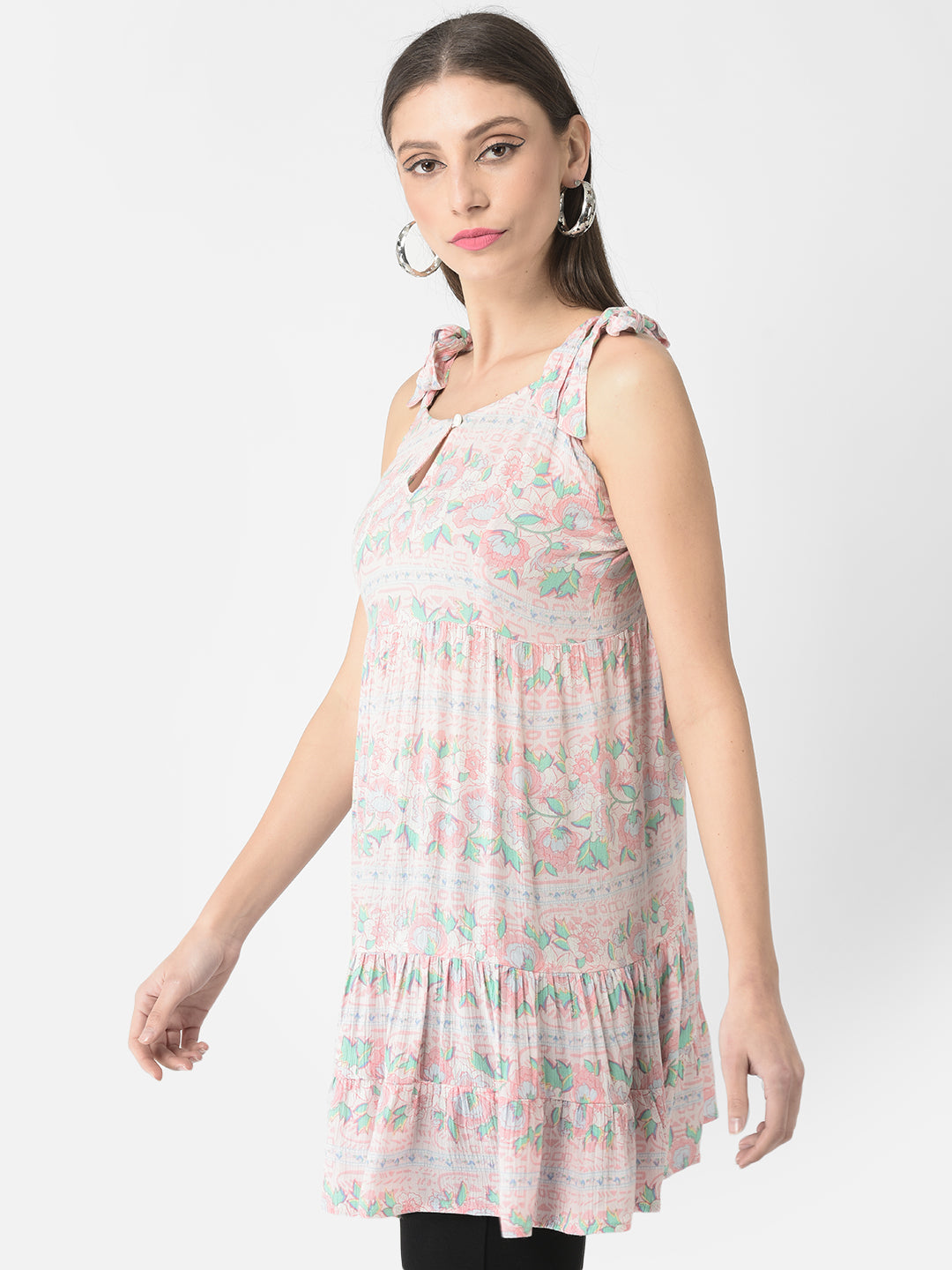 Floral Printed Keyhole Neck Shoulder Straps Pleated Tiered A-Line Top