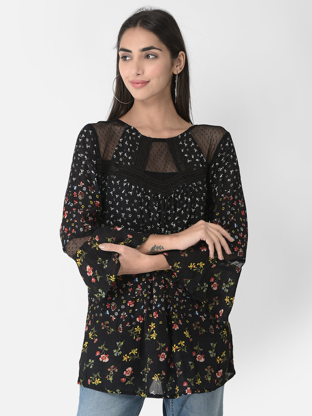 Floral Printed Bell Sleeves Longline Top