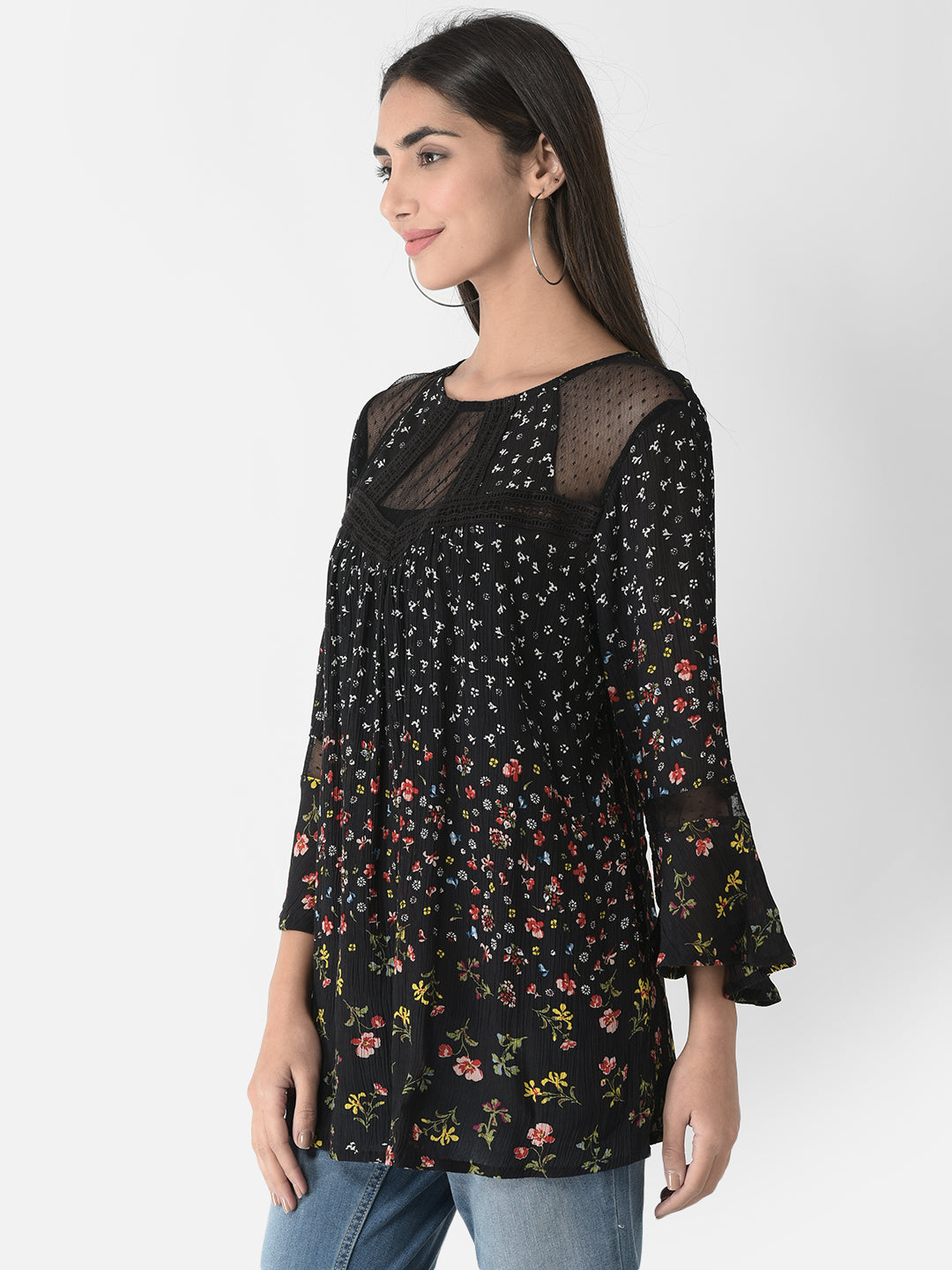 Floral Printed Bell Sleeves Longline Top