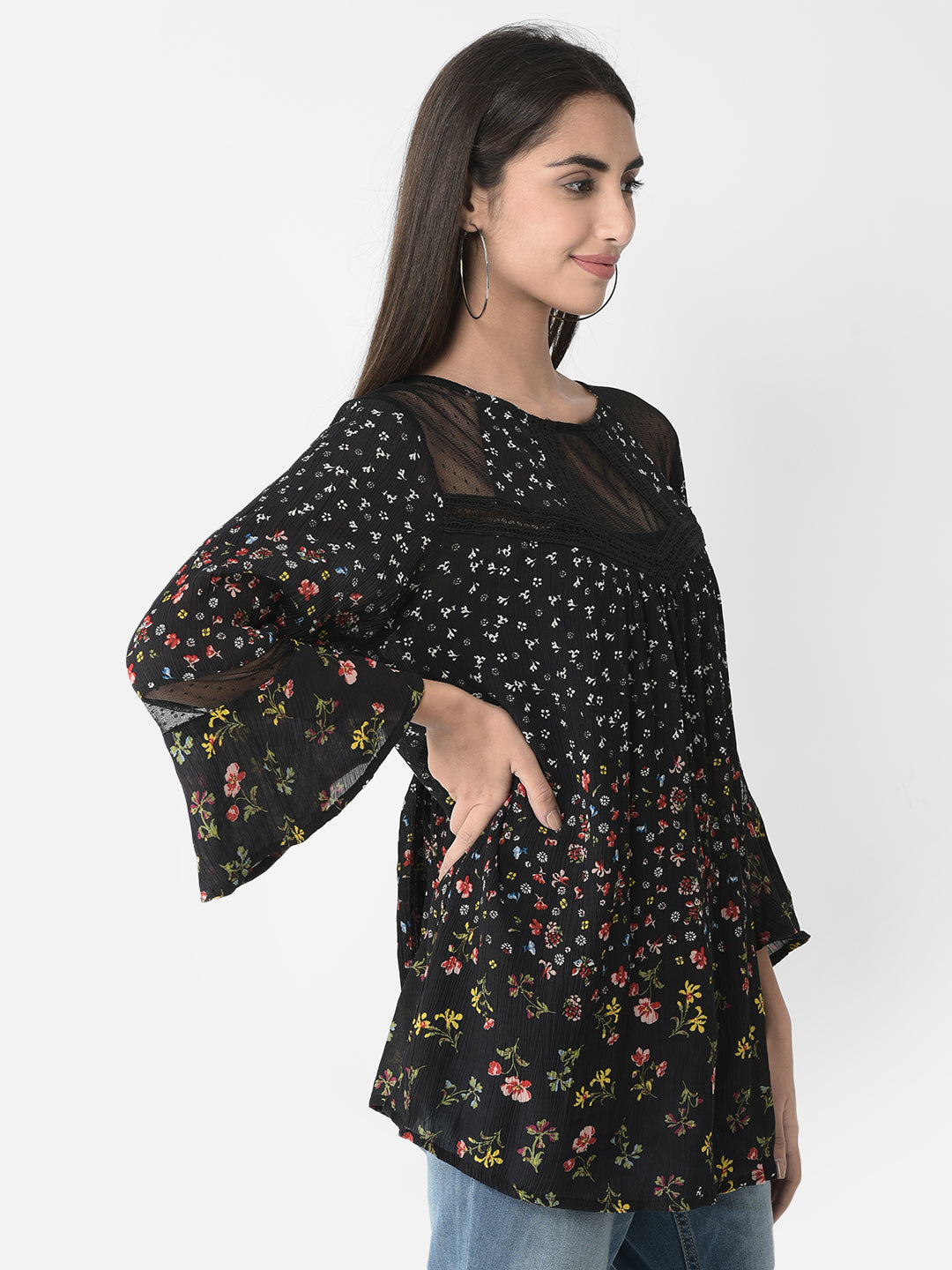 Floral Printed Bell Sleeves Longline Top