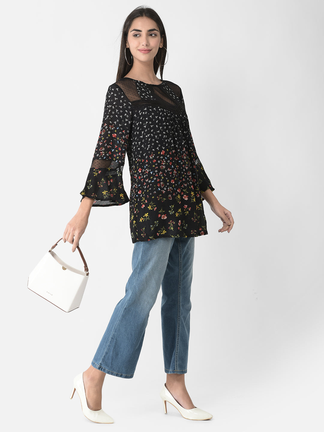 Floral Printed Bell Sleeves Longline Top