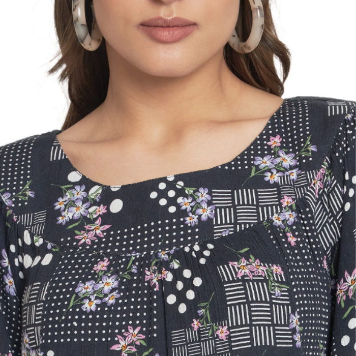 Floral Printed Flared Sleeve A-Line Dress