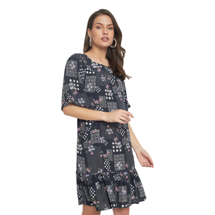 Floral Printed Flared Sleeve A-Line Dress