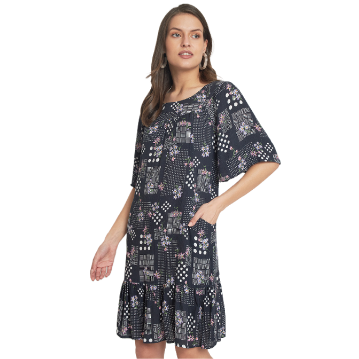 Floral Printed Flared Sleeve A-Line Dress