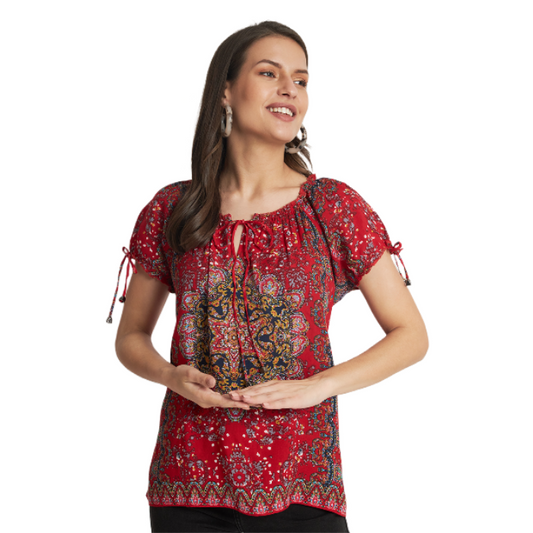 Ethnic Motifs Printed Tie-Up Neck Raglan Sleeves A-Line Top