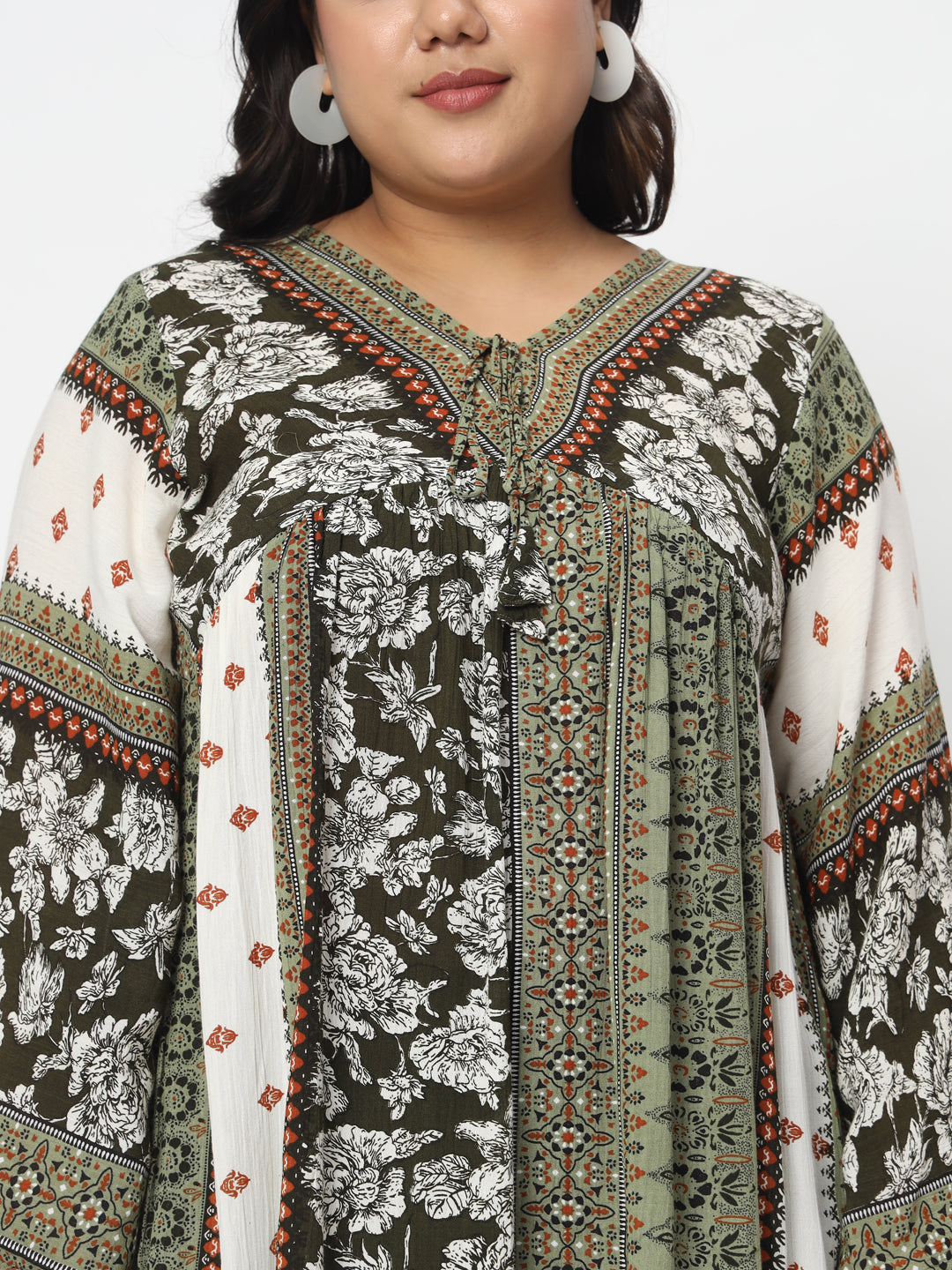 Women Plus Size Green Print Longline Top