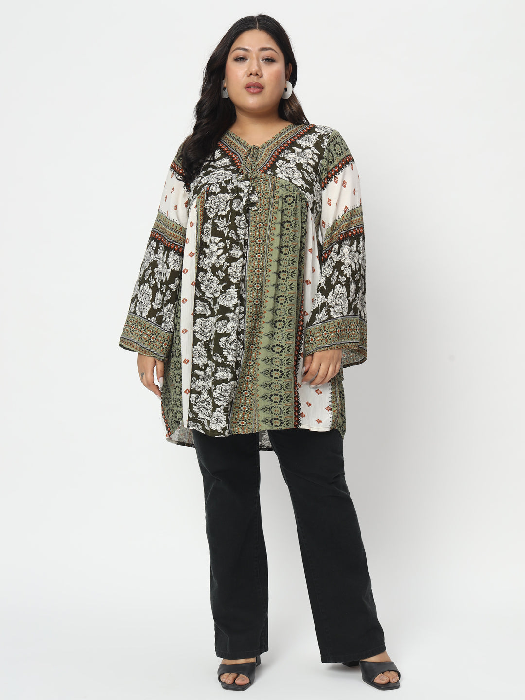 Women Plus Size Green Print Longline Top