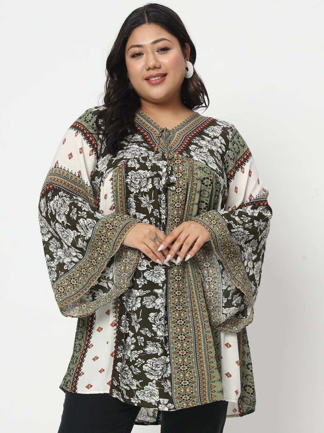 Women Plus Size Green Print Longline Top