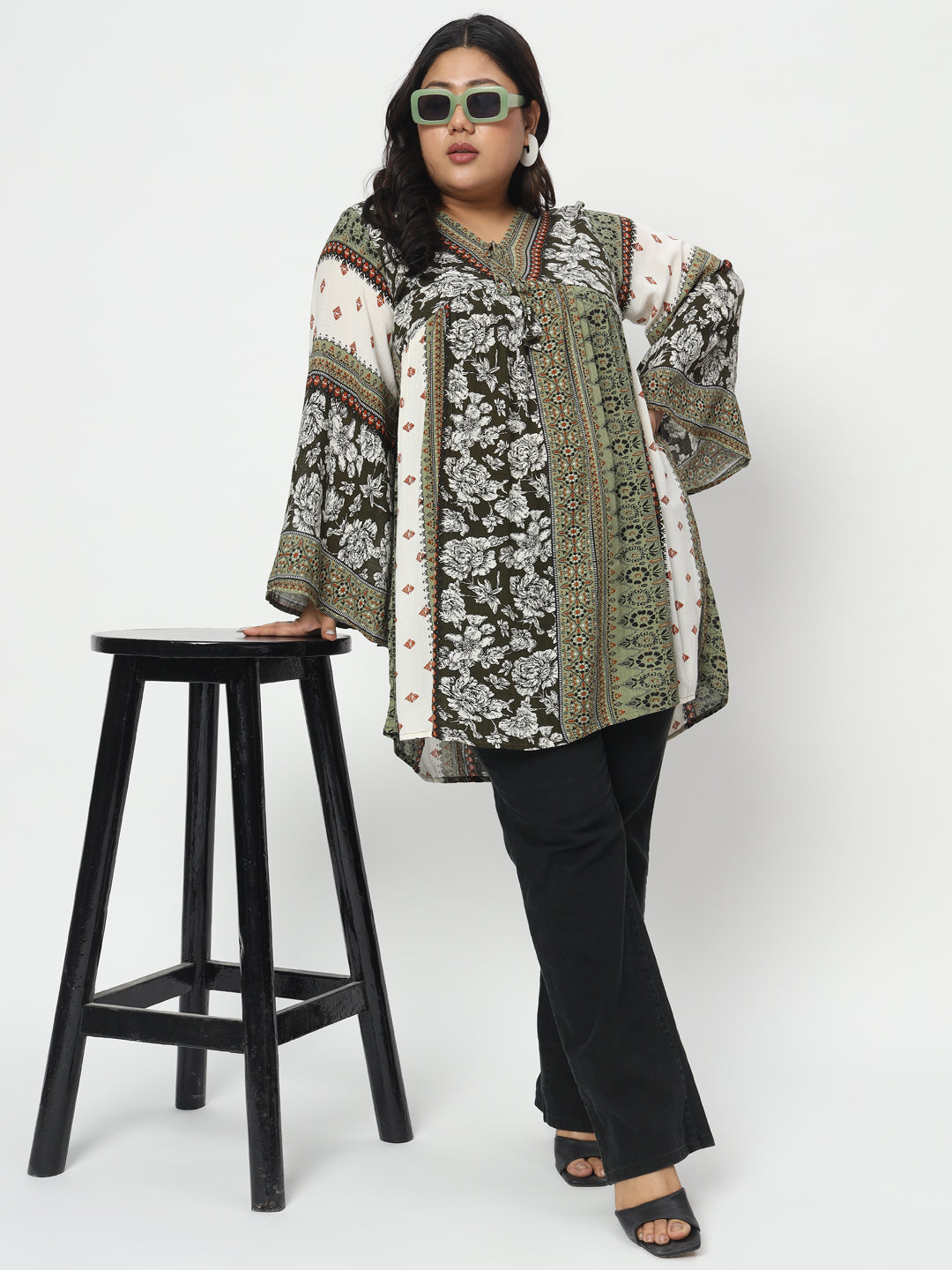 Women Plus Size Green Print Longline Top