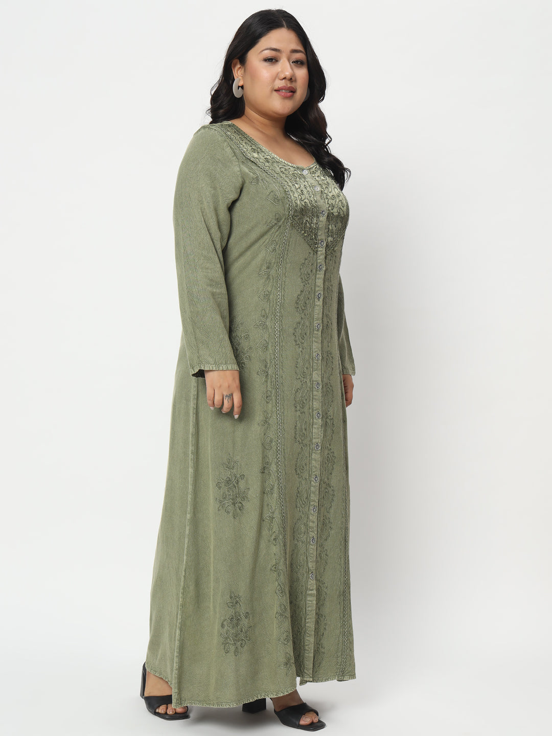 Green Ethnic Motifs Embroidered Ethnic Maxi Dress