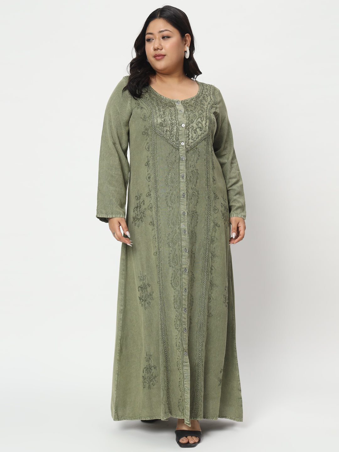 Green Ethnic Motifs Embroidered Ethnic Maxi Dress