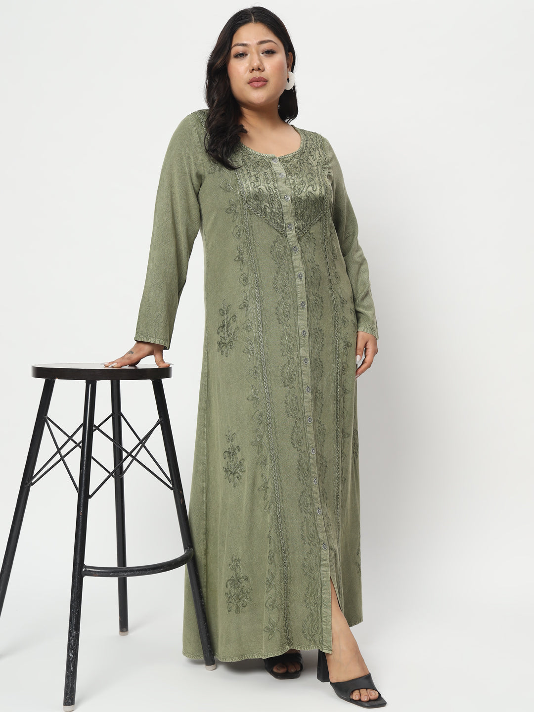 Green Ethnic Motifs Embroidered Ethnic Maxi Dress