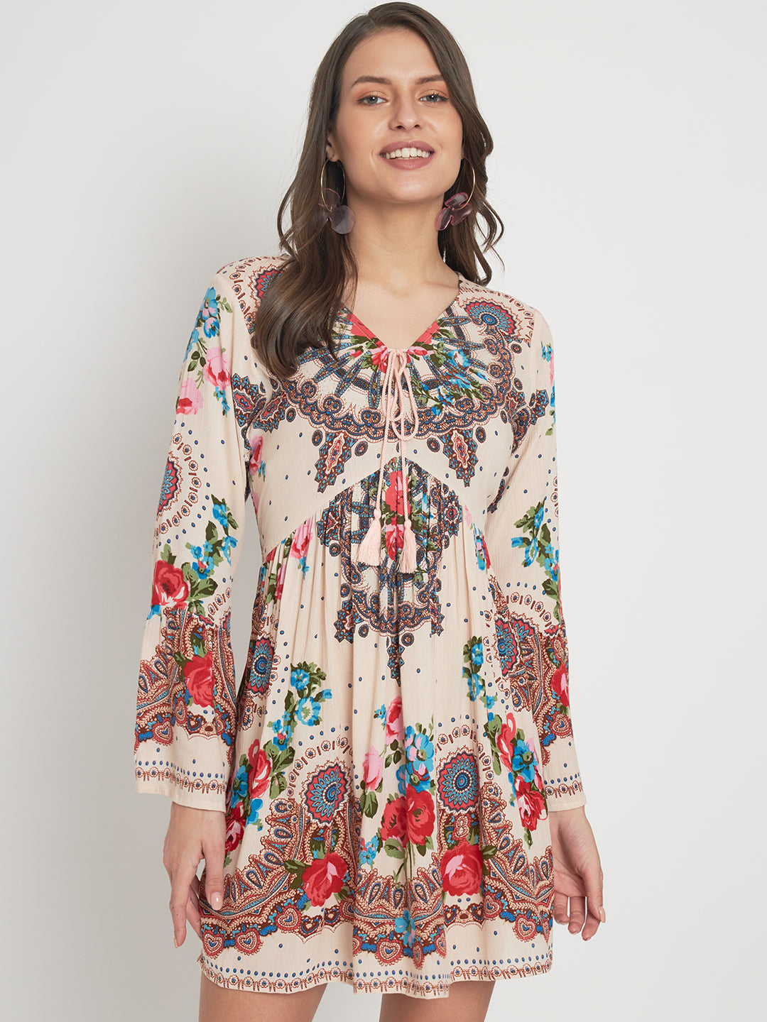 Floral Printed Tie-Up Neck Empire Dress