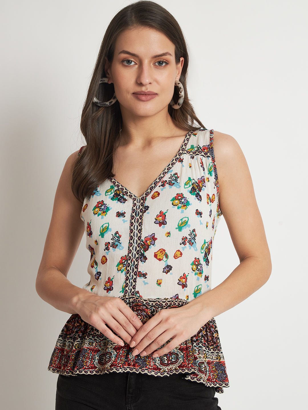 Floral Printed V-Neck Sleeveless Peplum Top