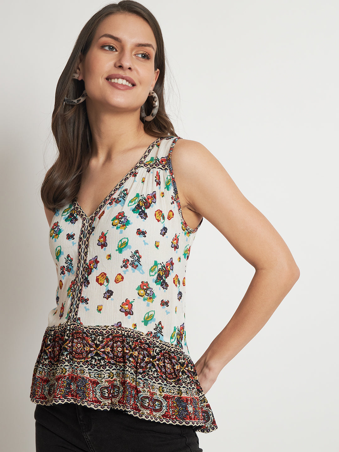 Floral Printed V-Neck Sleeveless Peplum Top